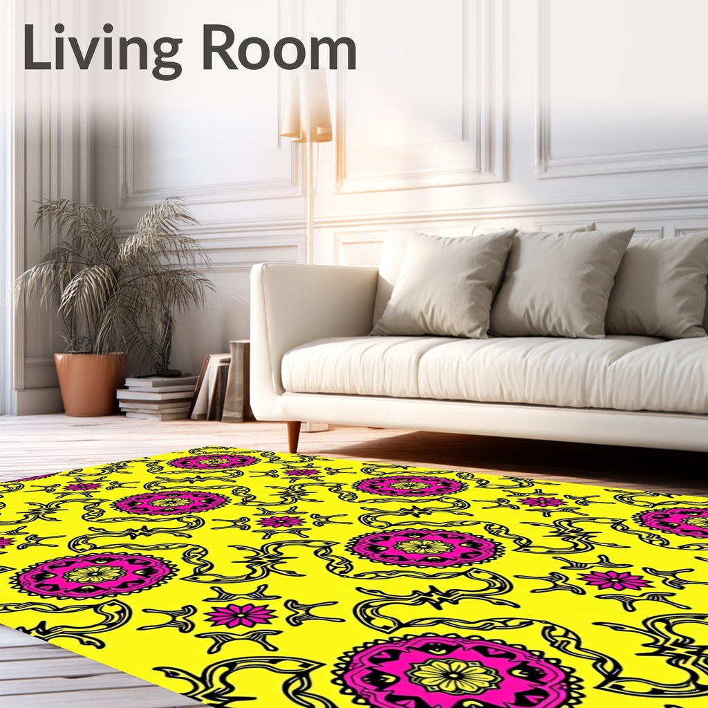Vibrant Yellow Pink Medallion Art Rug
