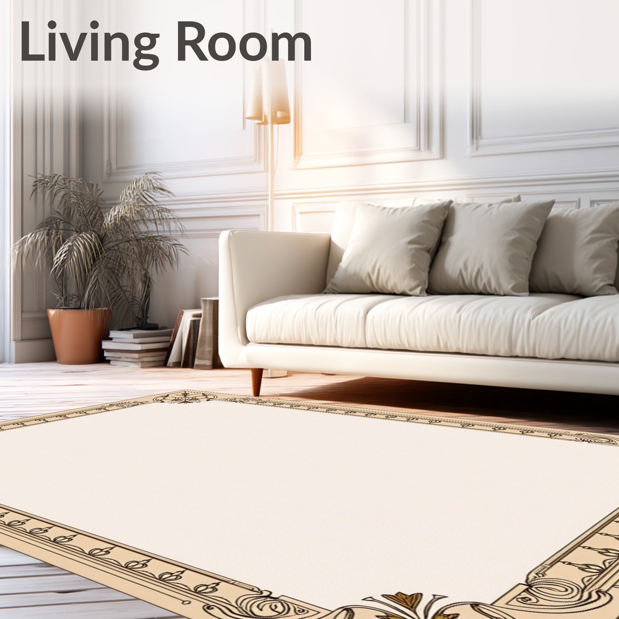 Beige Brown Floral Art Nouveau Frame Rug