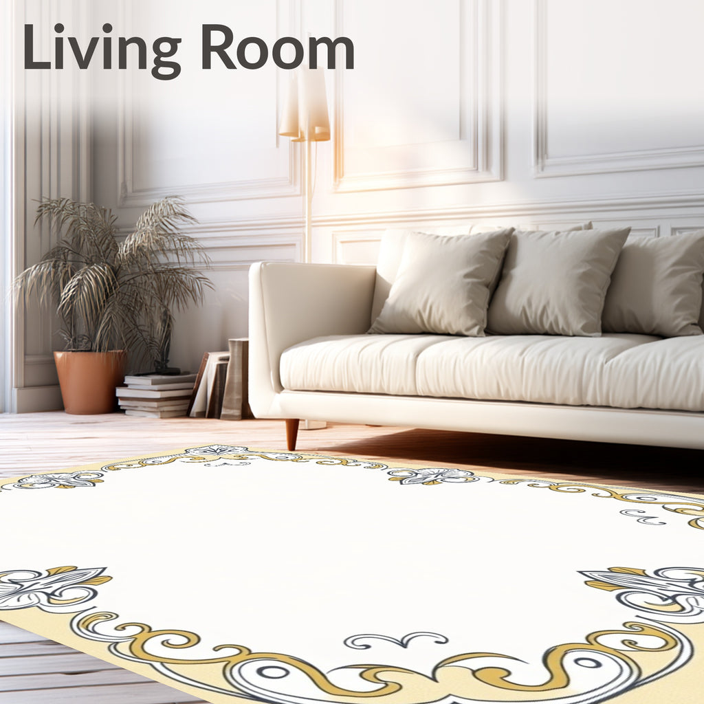 Ornate Yellow and Gray Flourish Border Rug