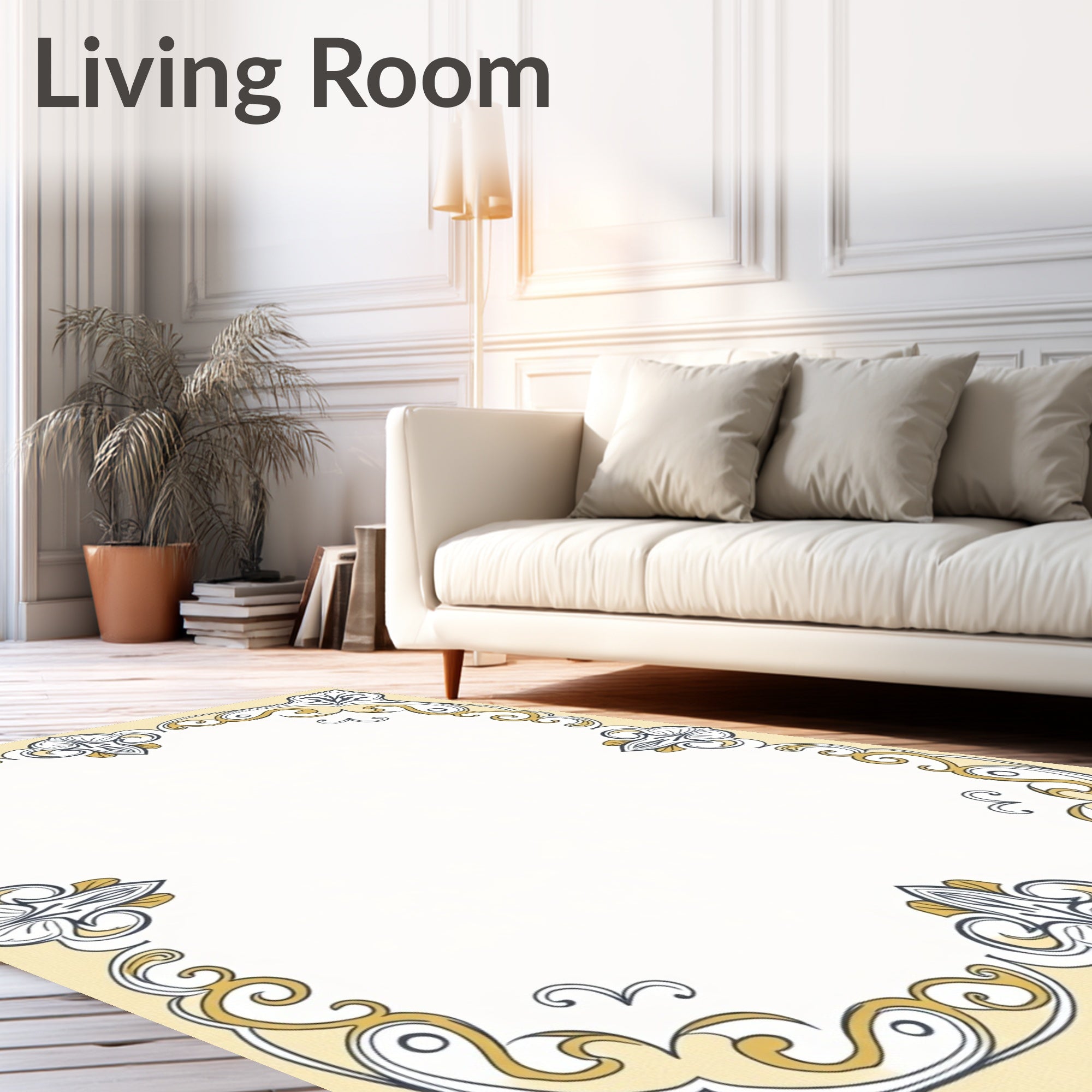 Ornate Yellow and Gray Flourish Border Rug