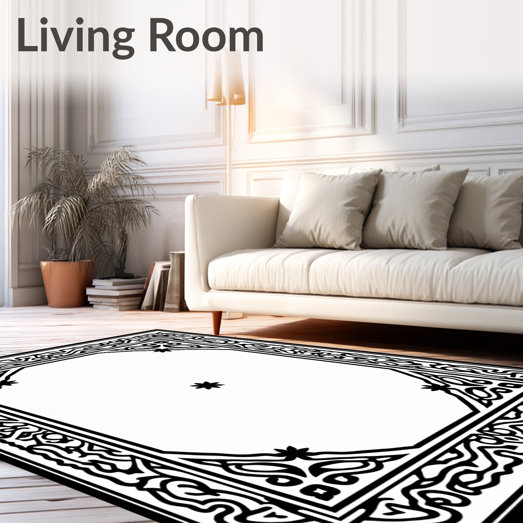 Black White Ornate Eight-Sided Frame Rug