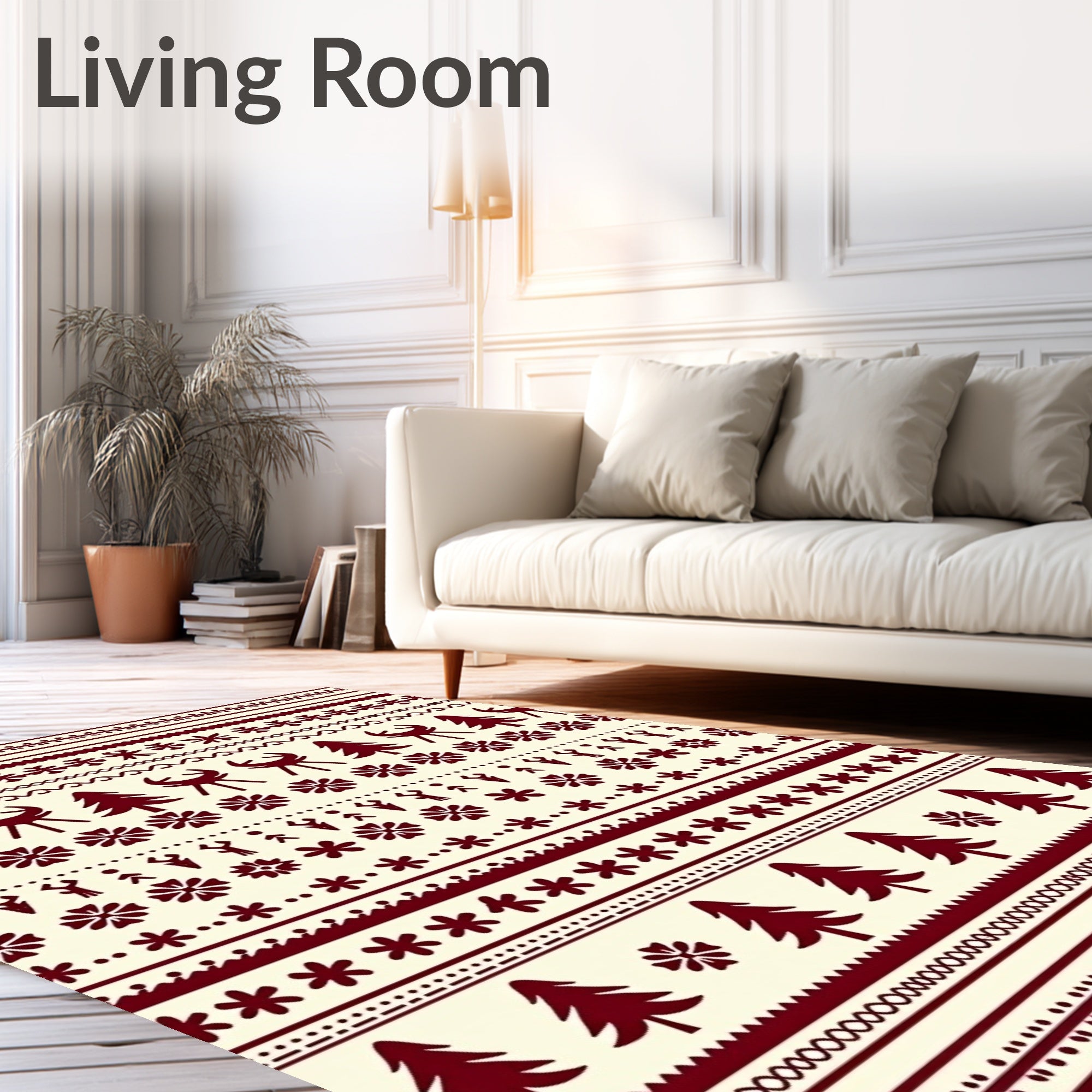 Festive Burgundy Trees and Stars Border Rug