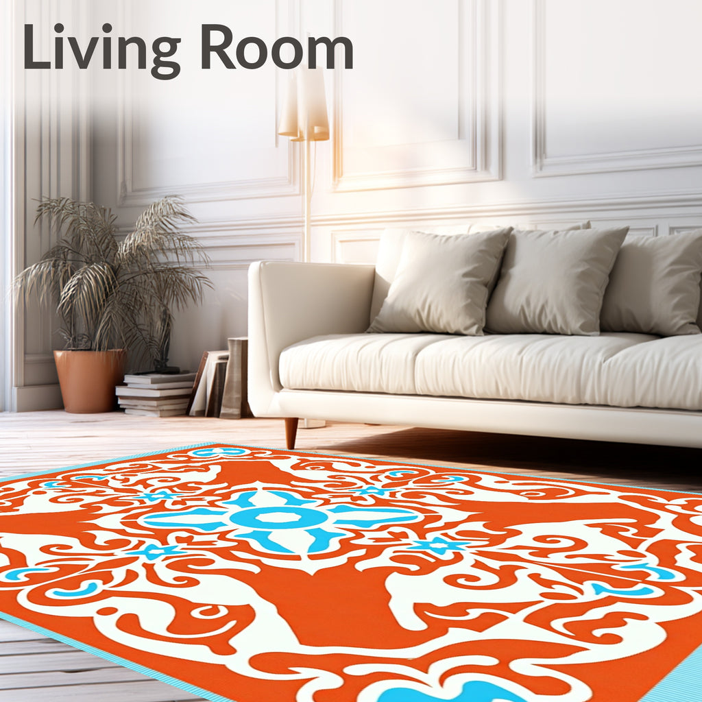 Orange White Teal Floral Medallion Rug