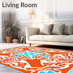 Orange White Teal Floral Medallion Rug