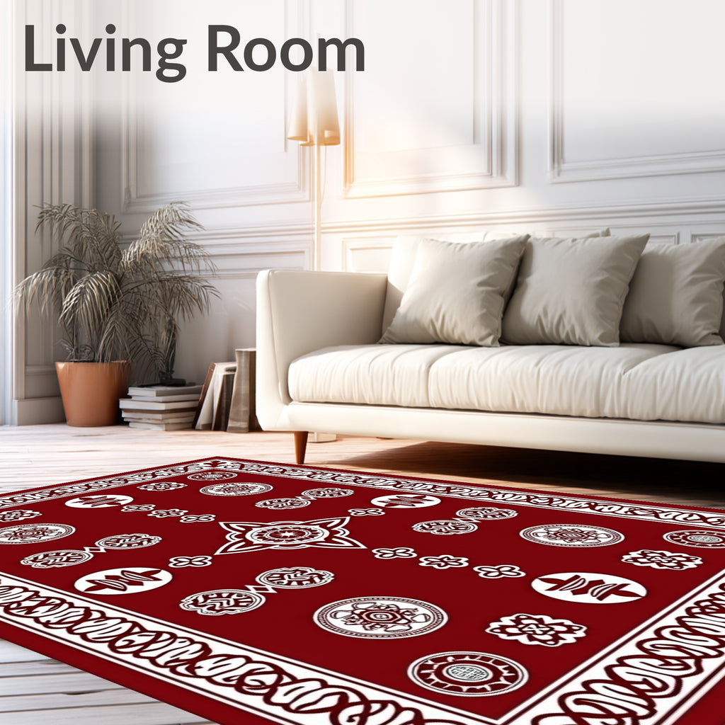 Deep Red Geometric Medallion Border Rug