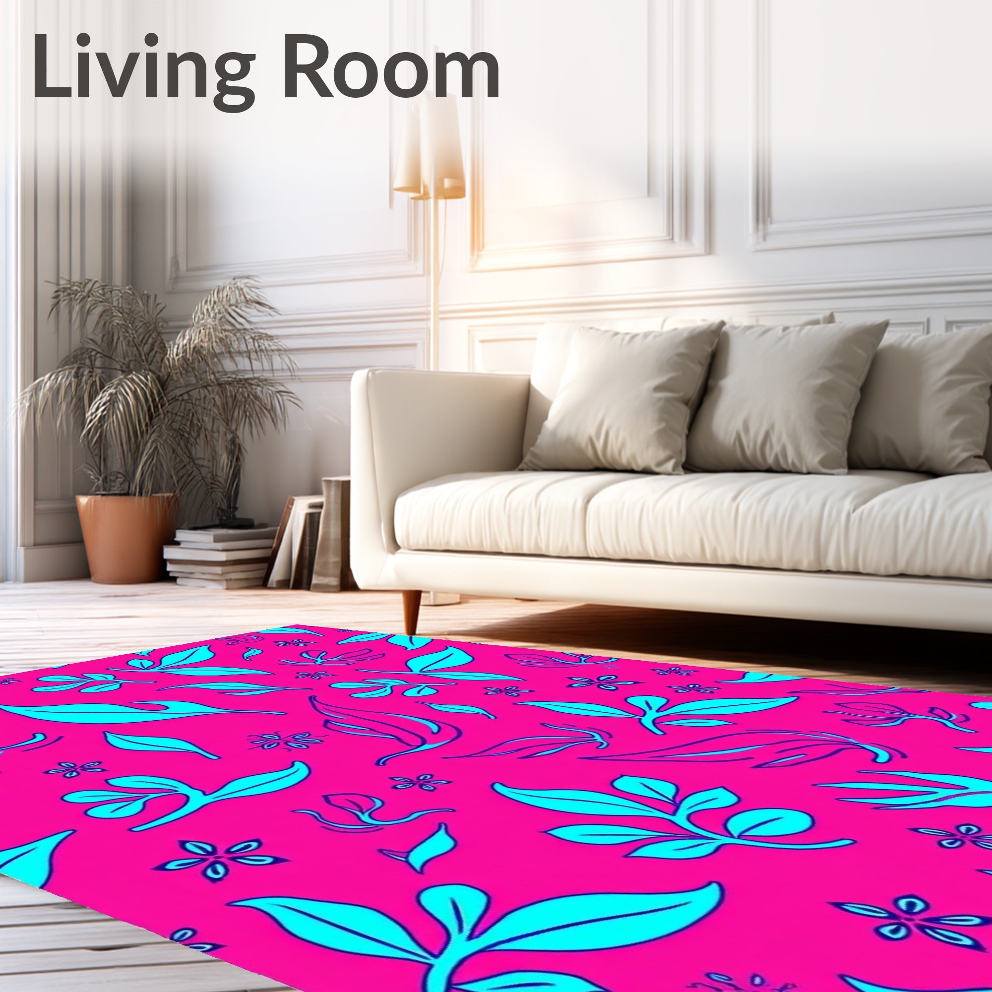 Vibrant Pink Teal Leaf Swirls Rug
