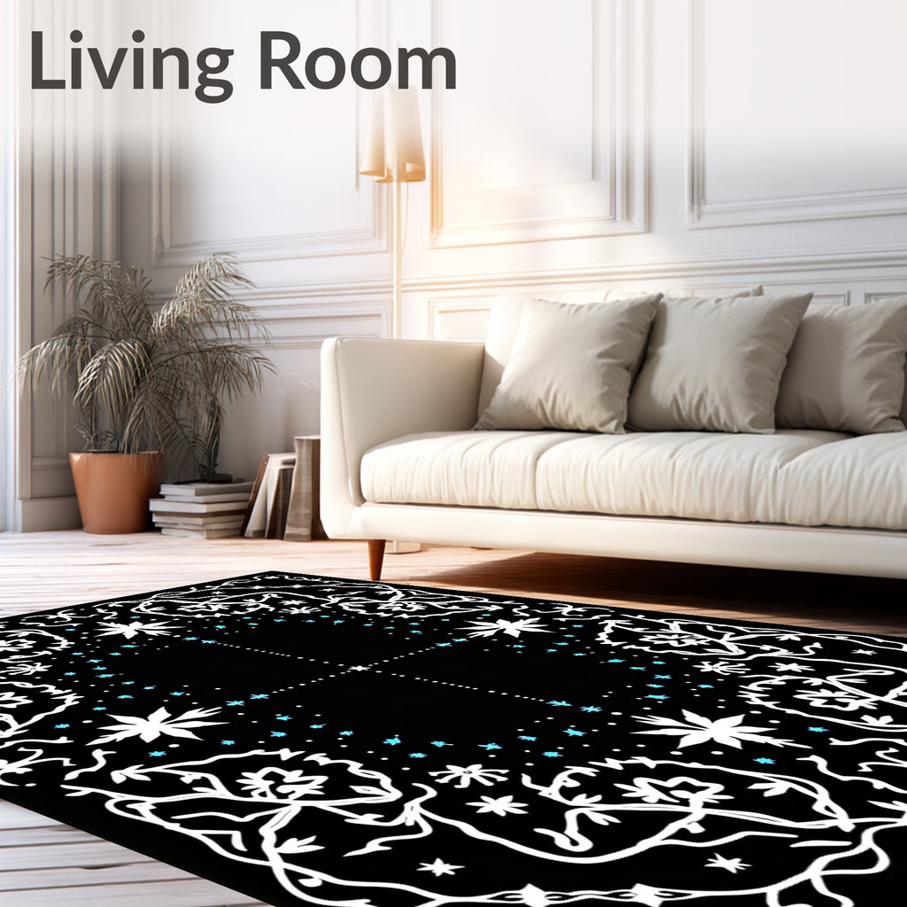 Black White Floral Starburst Splatter Rug