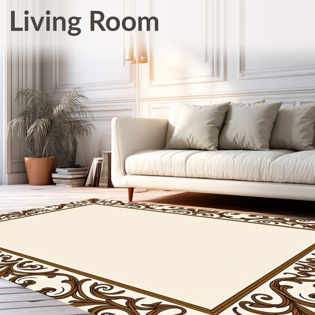 Ornate Brown Scrollwork Border Frame Rug
