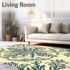Cream and Teal Damask Floral Scroll Rug