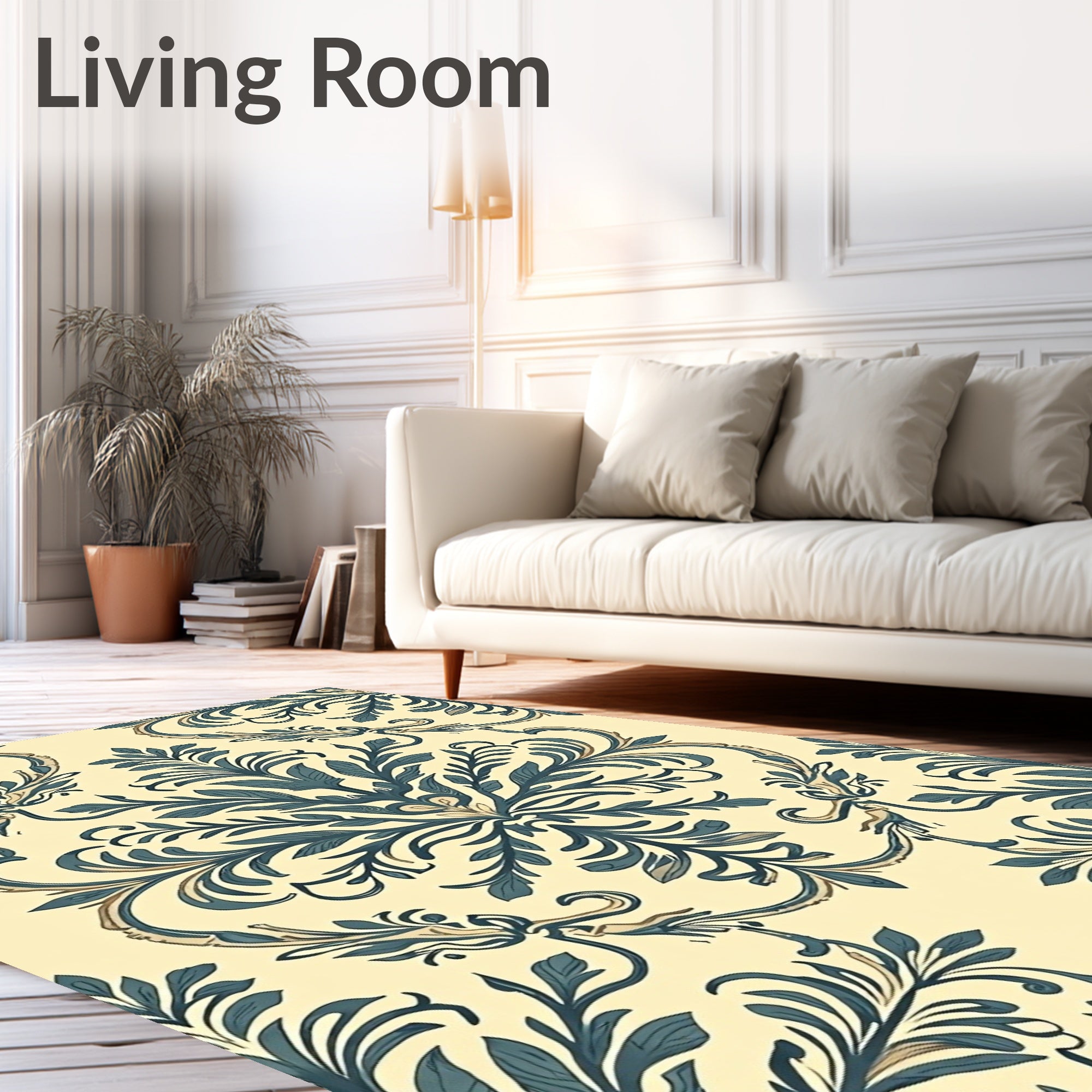 Cream and Teal Damask Floral Scroll Rug