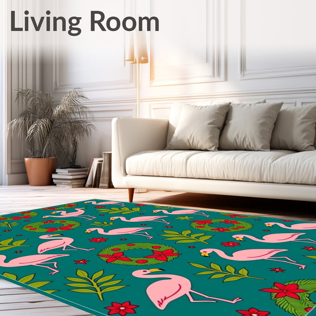Pink Flamingos Green Wreaths Floral Teal Rug