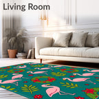 Pink Flamingos Green Wreaths Floral Teal Rug