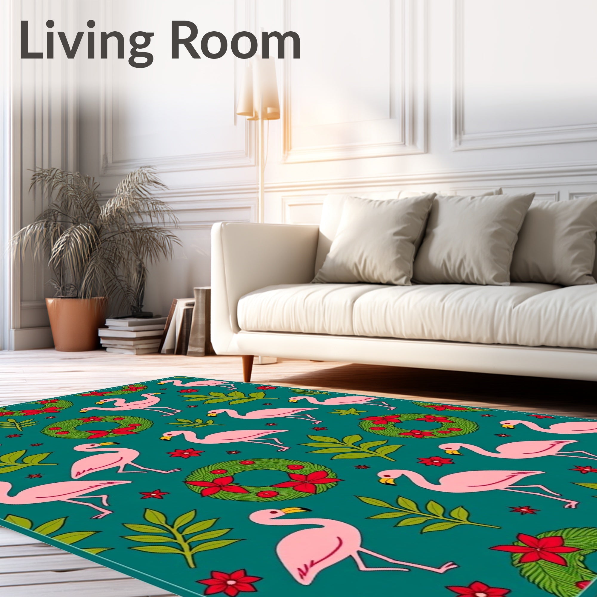 Pink Flamingos Green Wreaths Floral Teal Rug