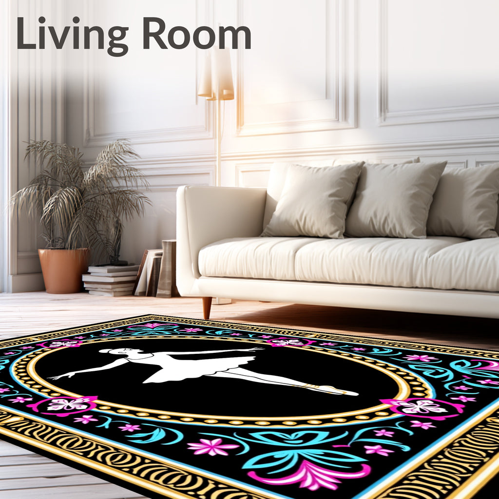 White Ballerina Floral Frame Black Rug