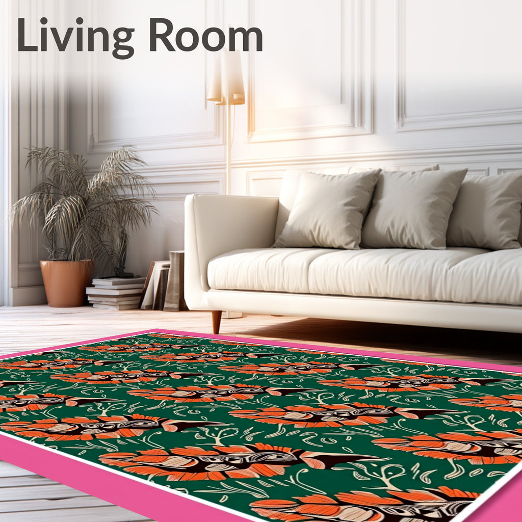 Emerald Green Orange Feather Medallion Rug