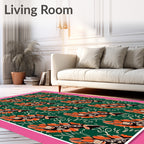 Emerald Green Orange Feather Medallion Rug
