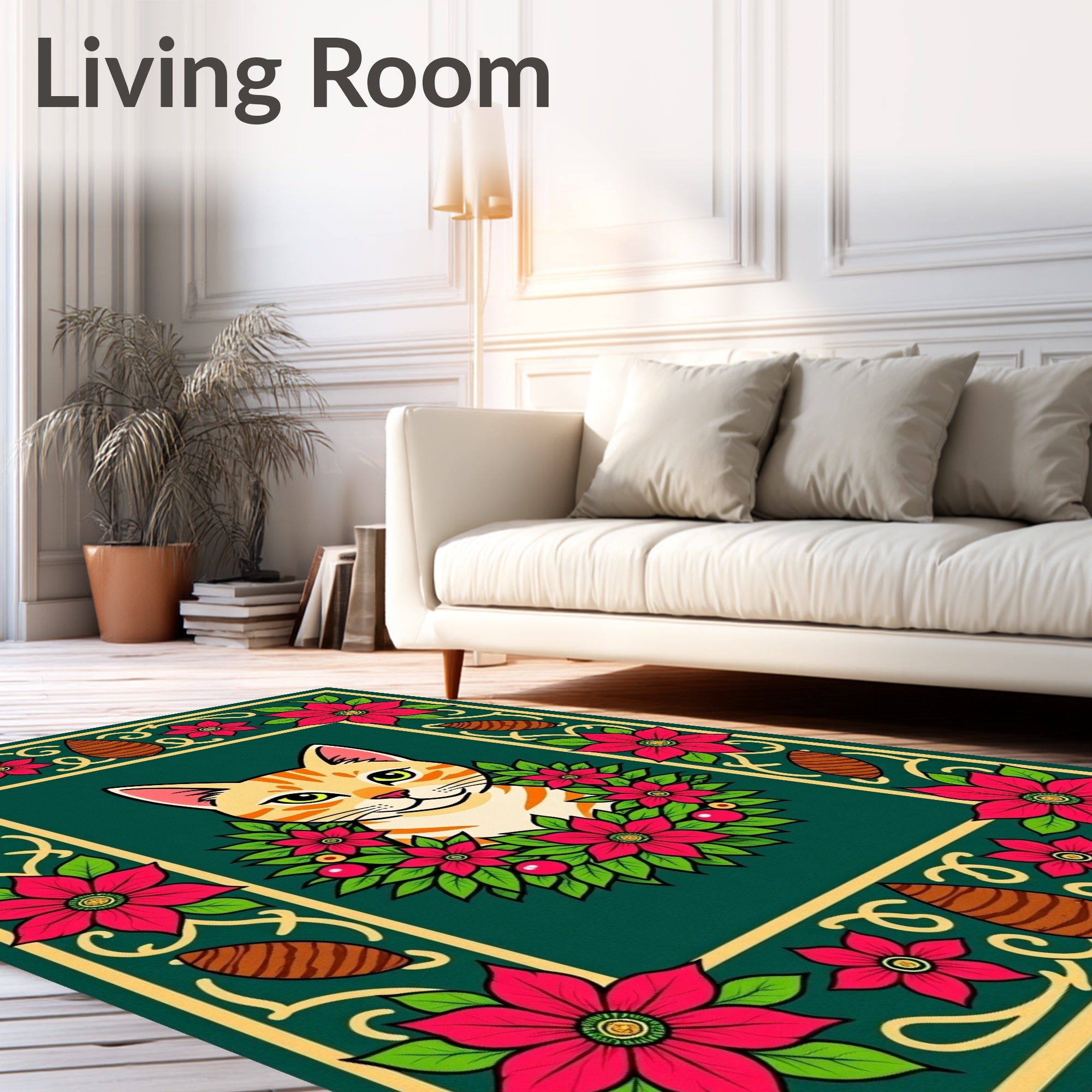 Orange Tabby Cat Poinsettia Wreath Rug