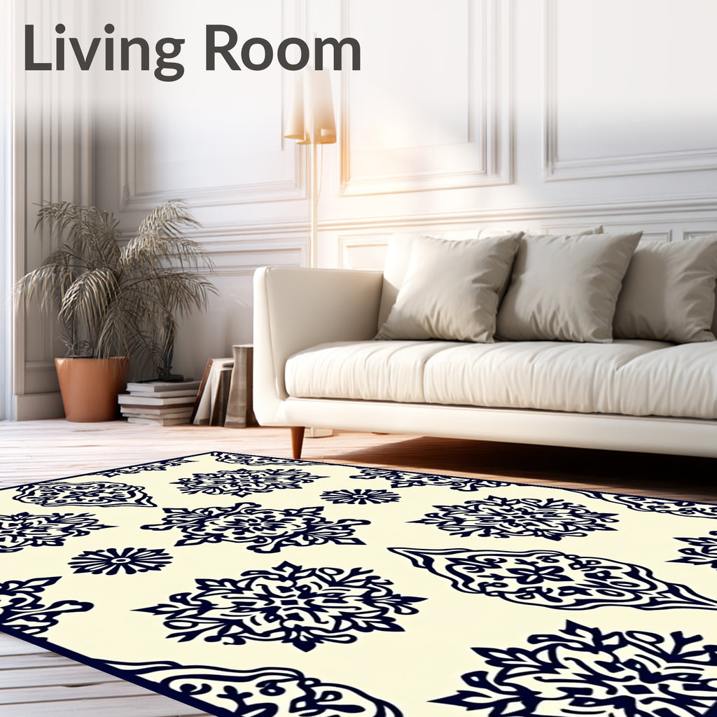 Cream Navy Blue Damask Medallion Rug