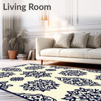 Cream Navy Blue Damask Medallion Rug