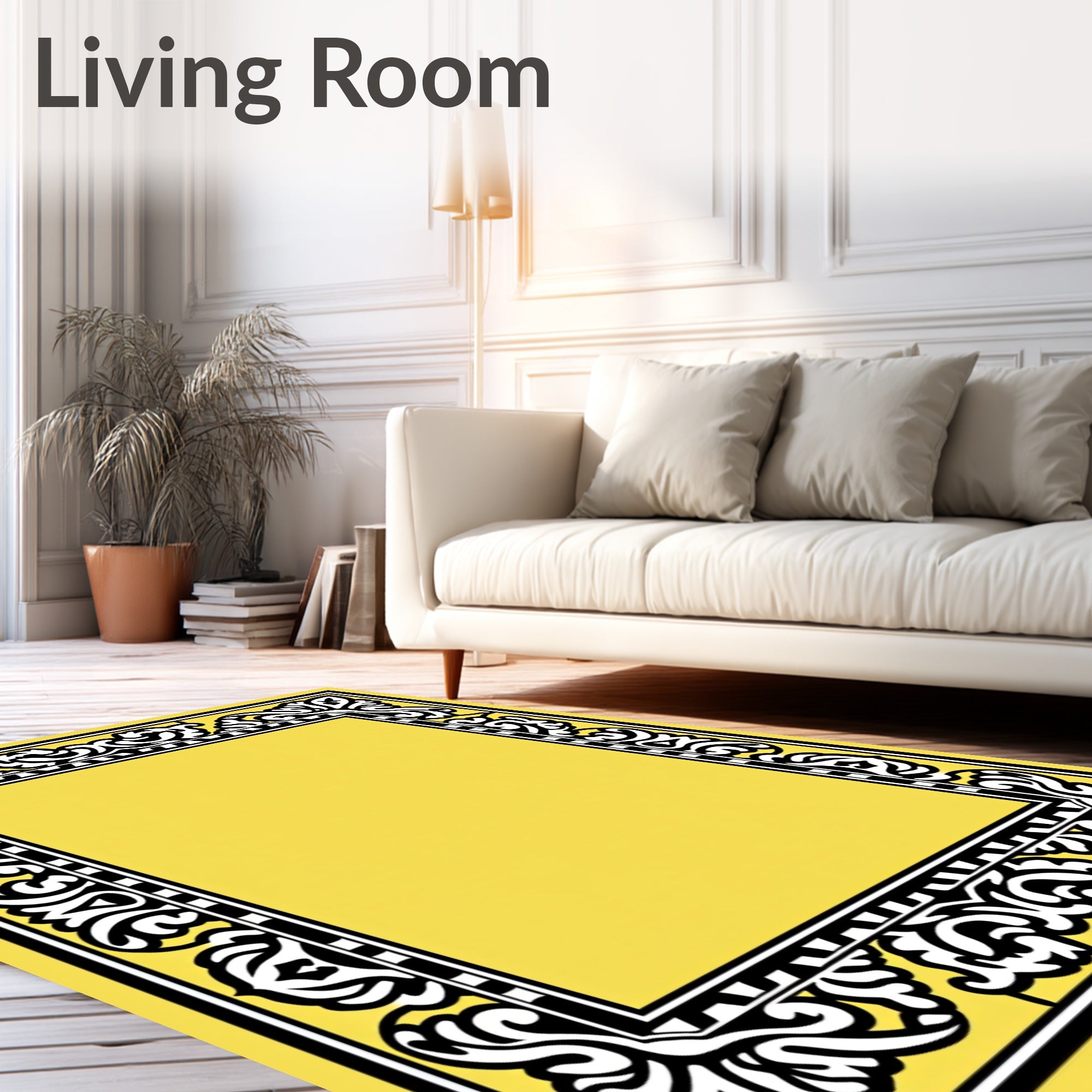Yellow Black White Ornate Border Rug