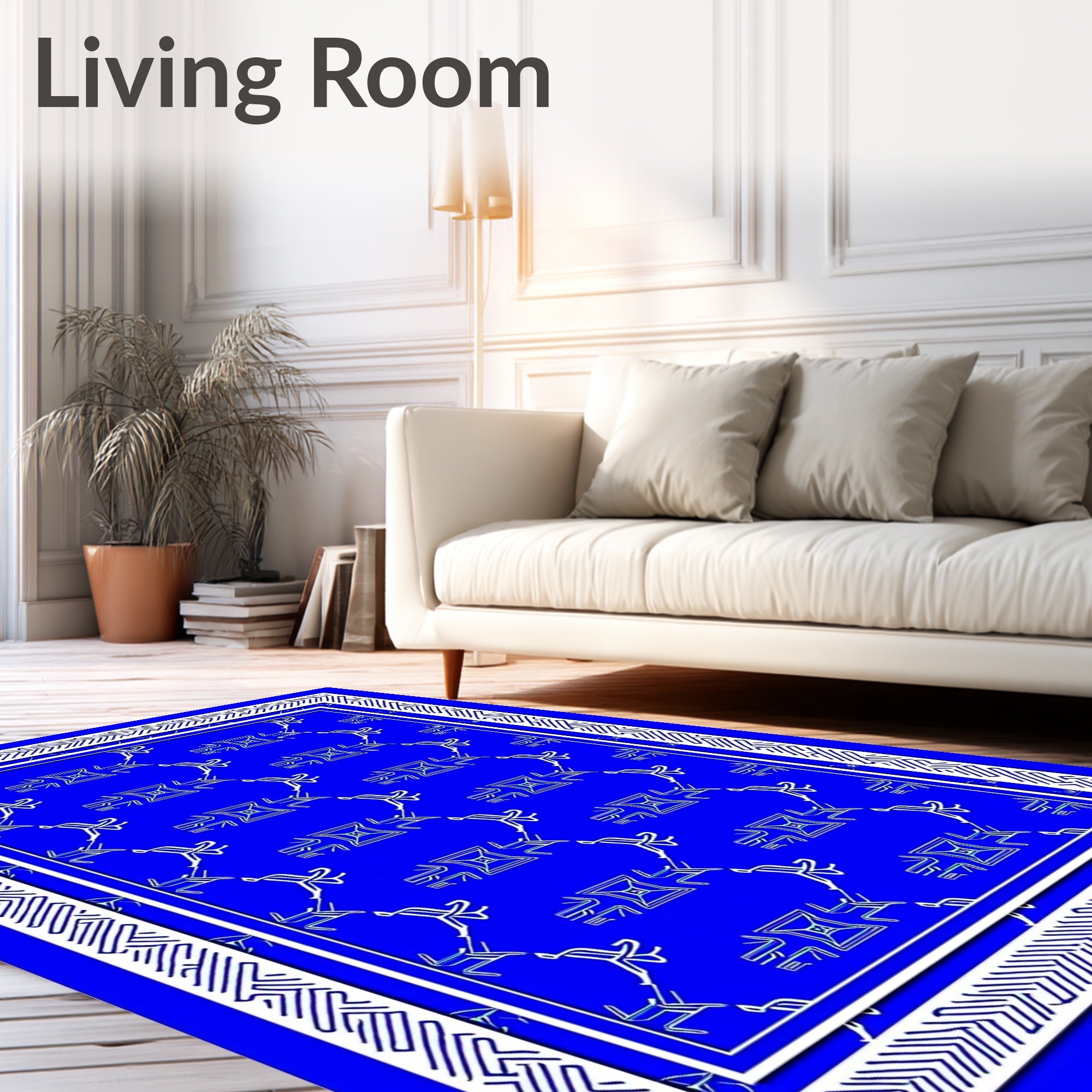 Vibrant Blue Geometric Diamond Border Rug
