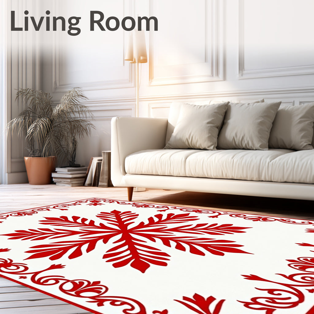 Crimson Snowflake Bordered Art Rug