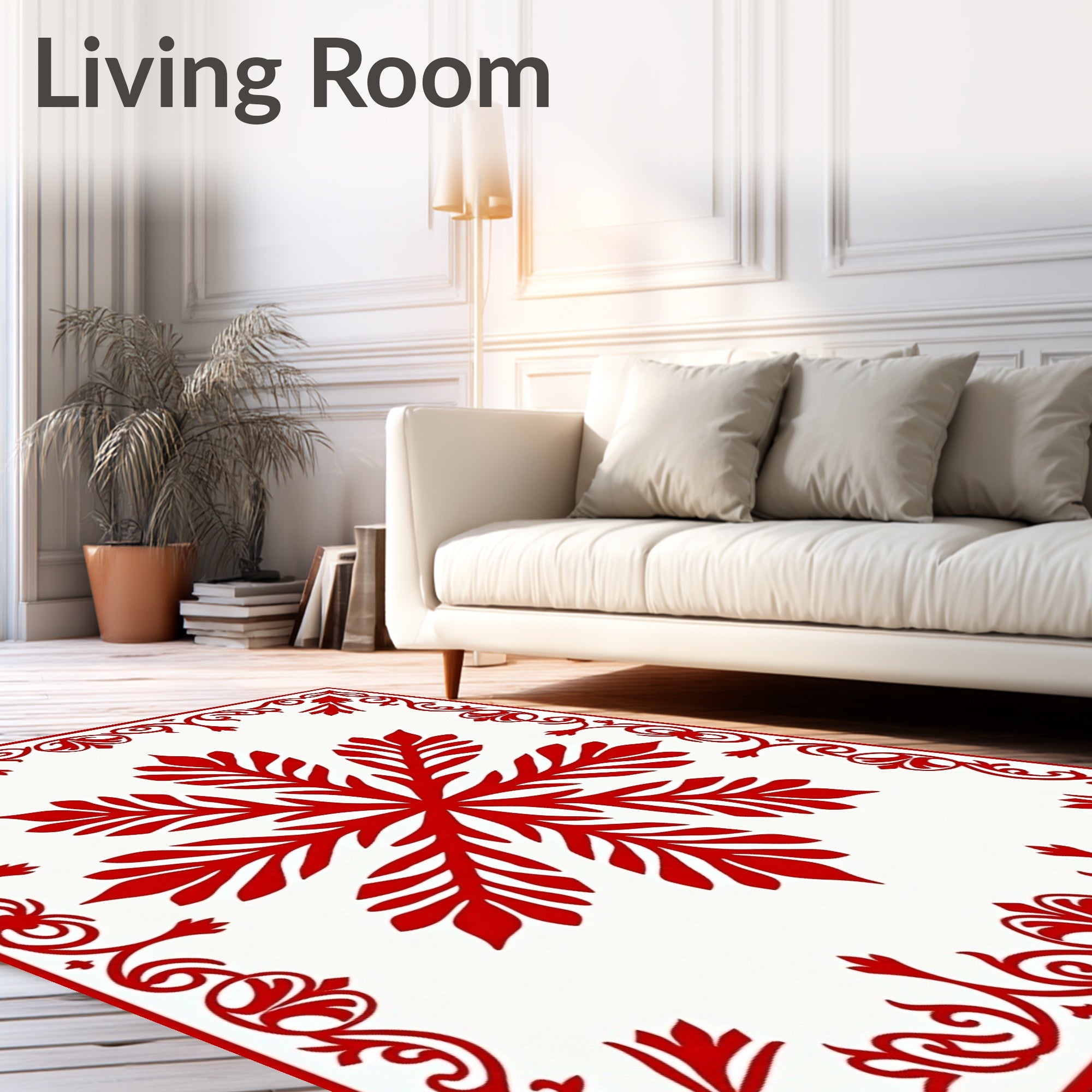 Crimson Snowflake Bordered Art Rug
