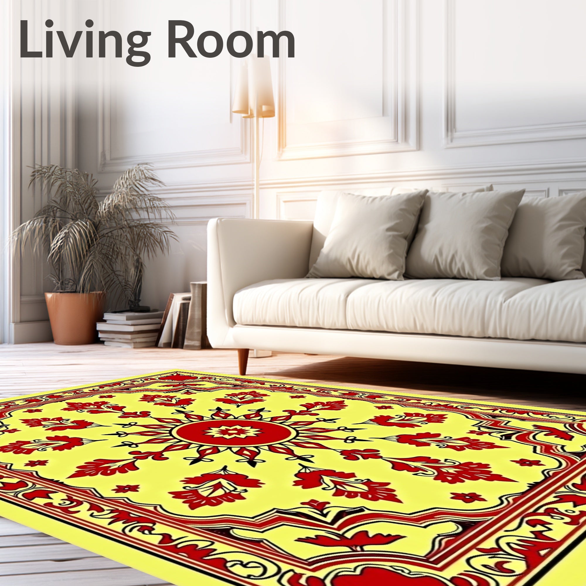 Vibrant Red Floral Sun Yellow Rug