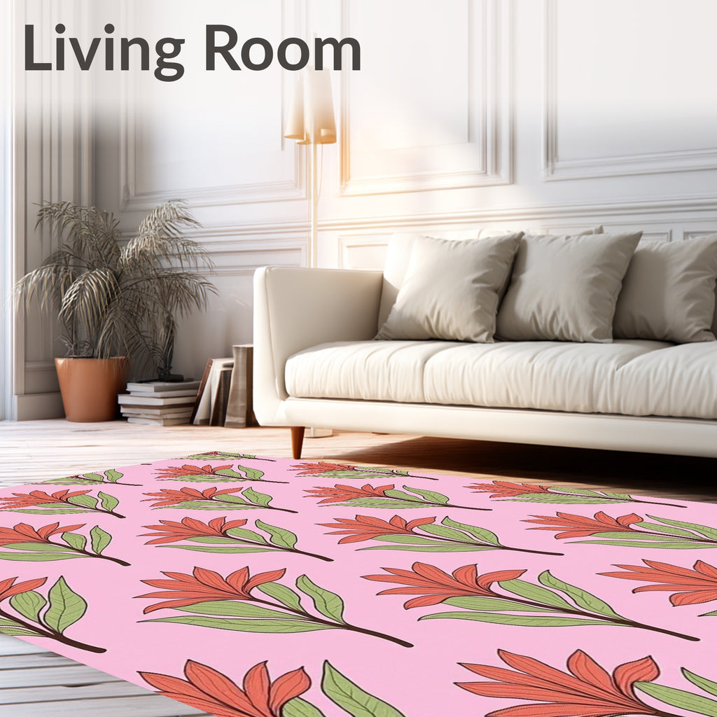 Coral Floral Branches Pink Background Rug