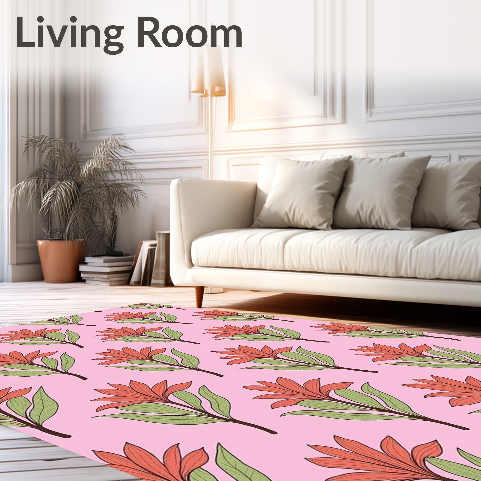 Coral Floral Branches Pink Background Rug