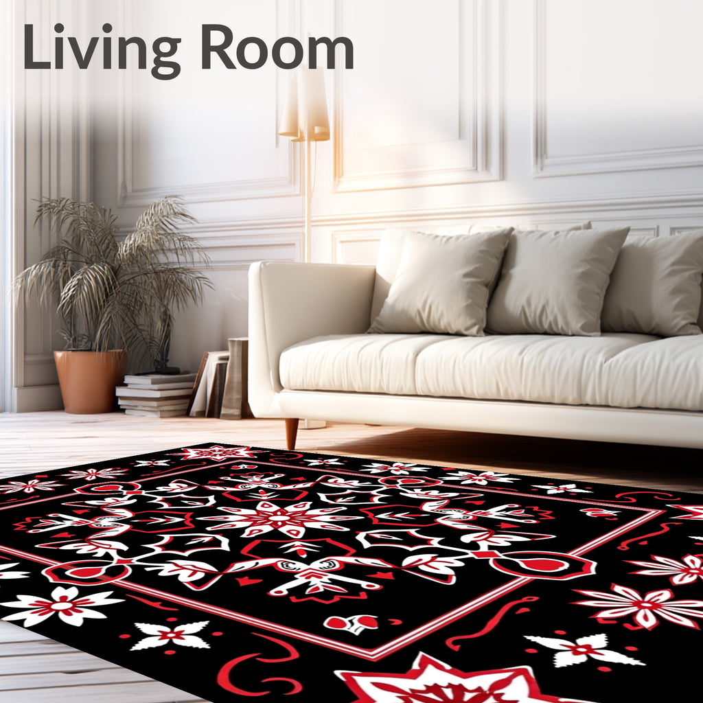 Bold Black Red Floral Starburst Rug