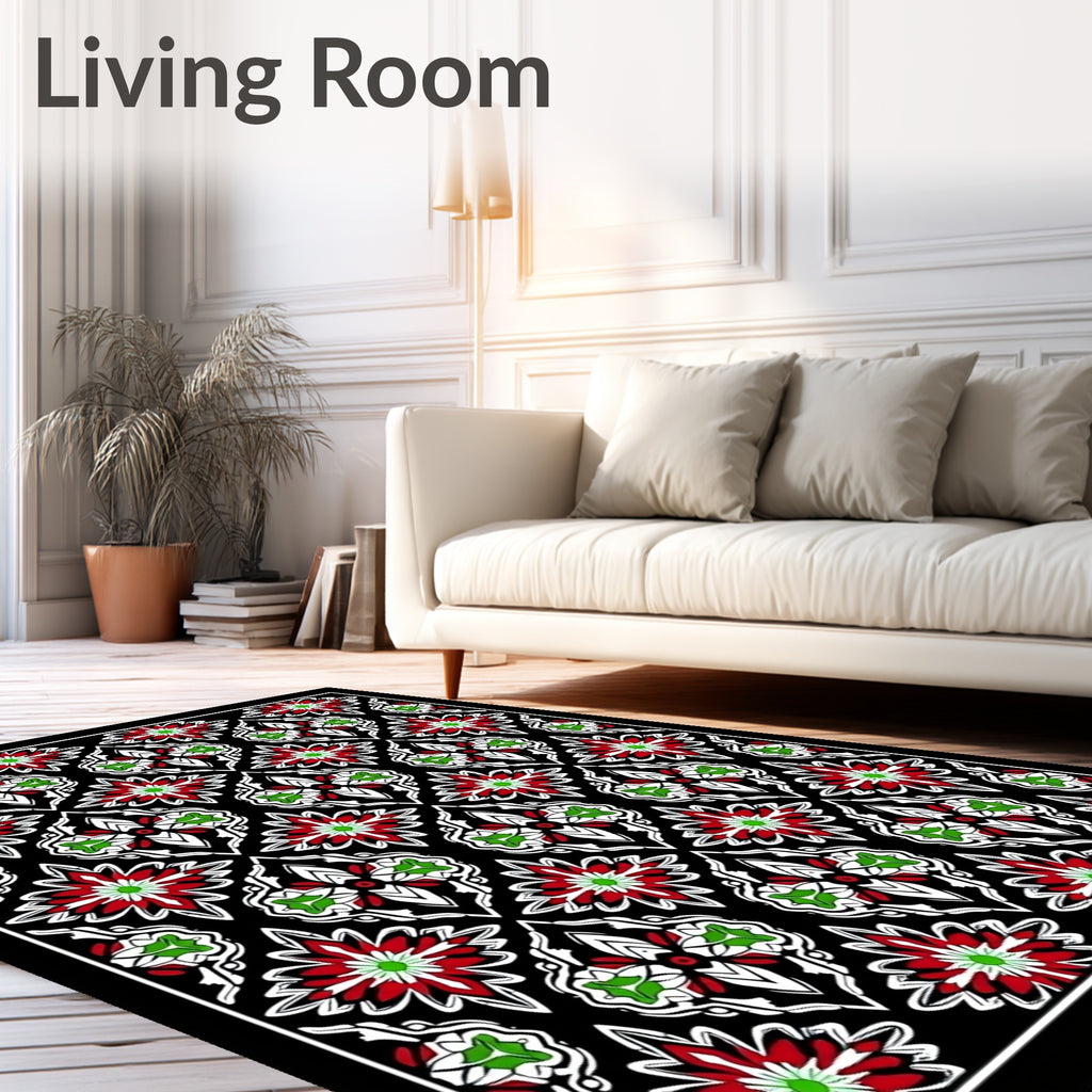 Rich Red Green Floral Kaleidoscopic Abstraction Rug