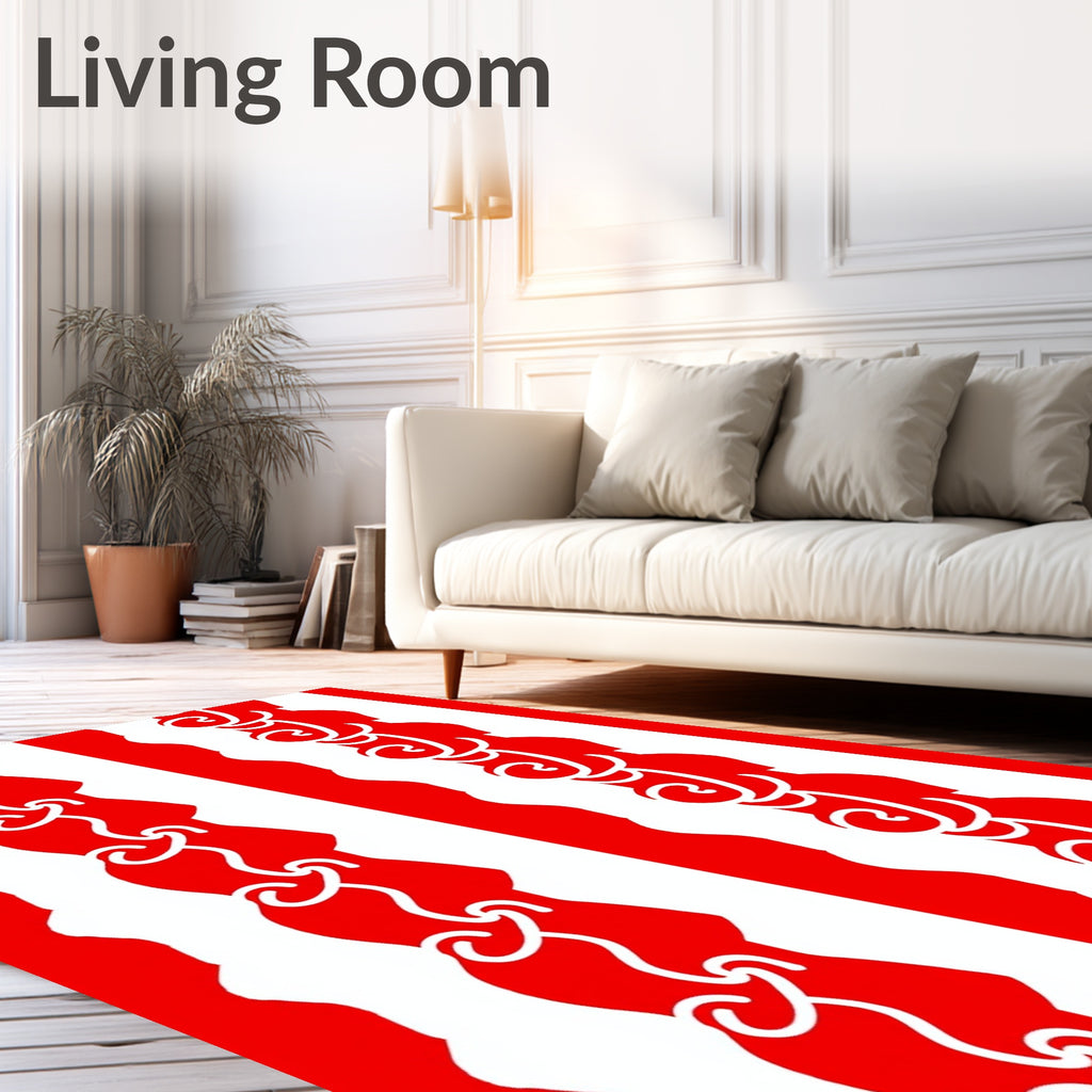 Bold Red White Chain Swirl Stripe Rug