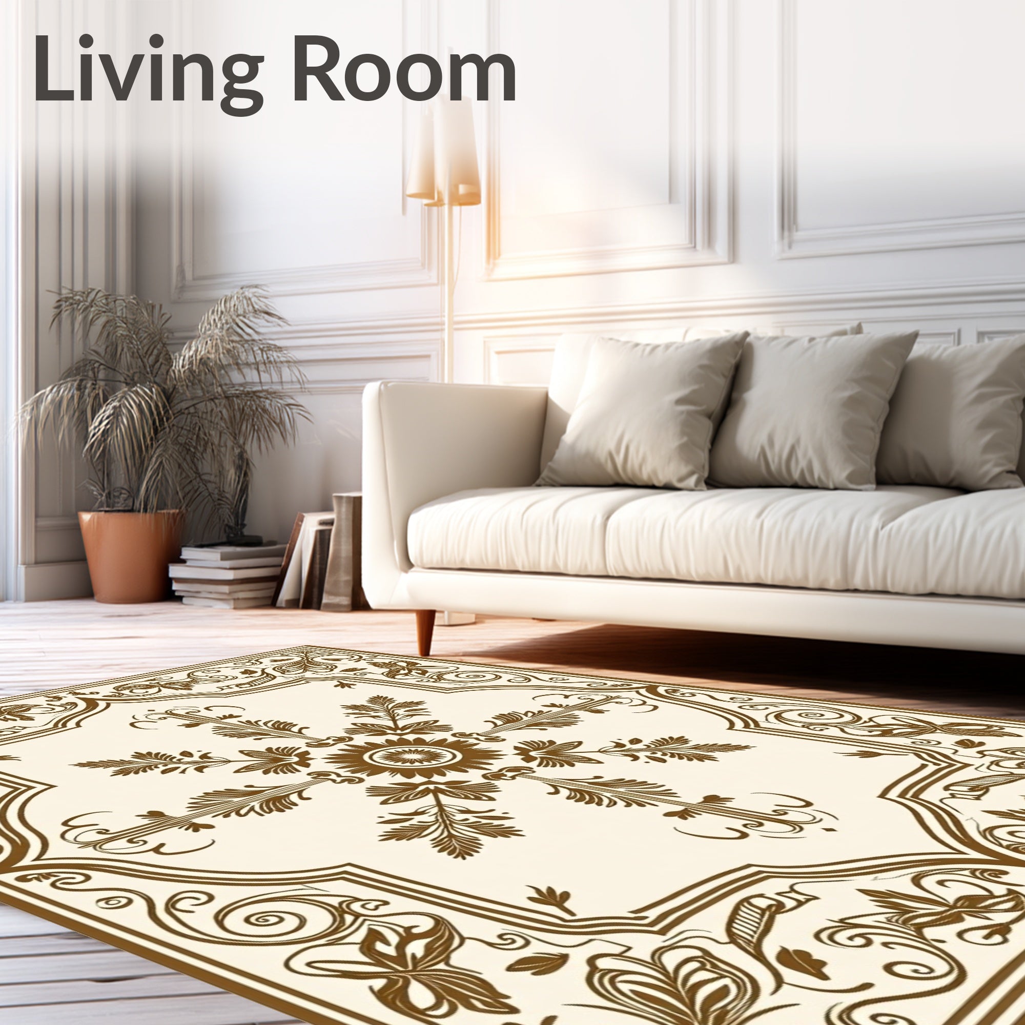 Elegant Brown Floral Sunburst Frame Rug