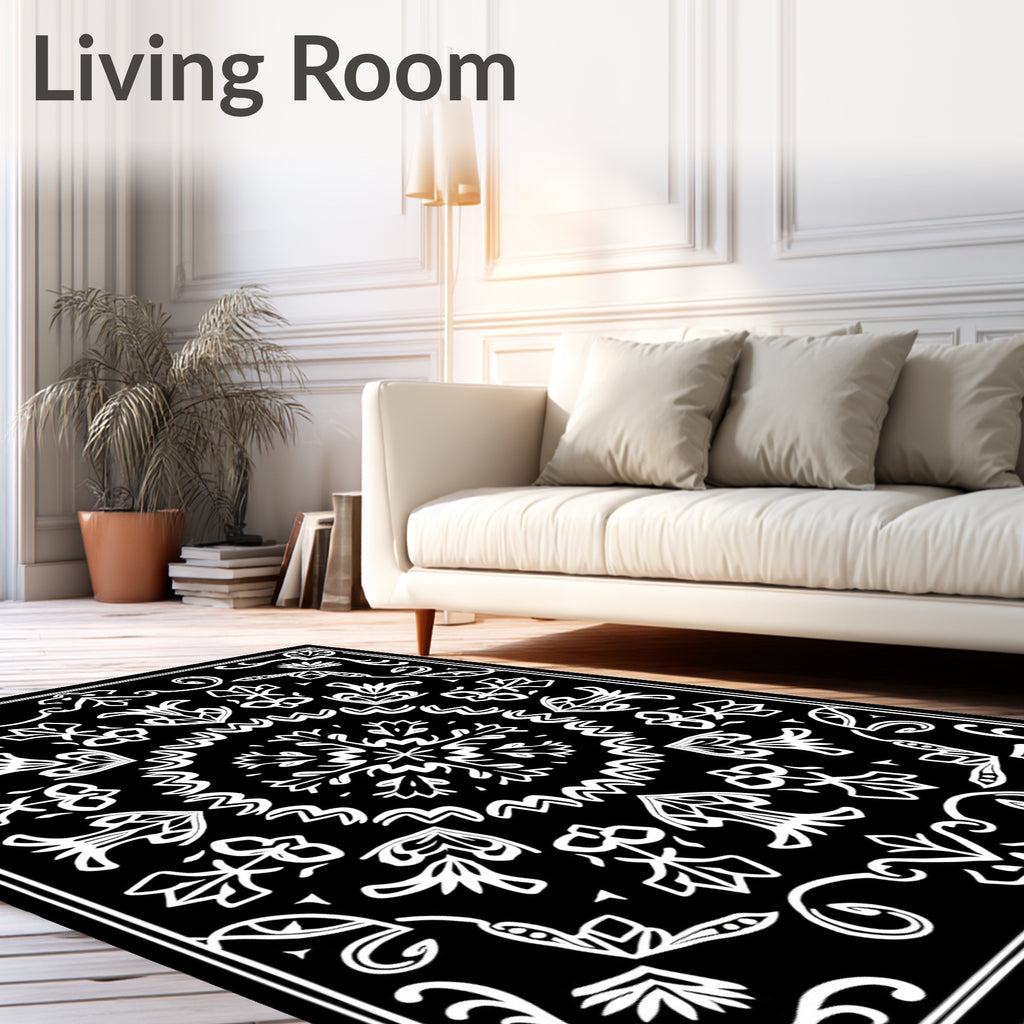 Black White Floral Medallion Mandala Rug