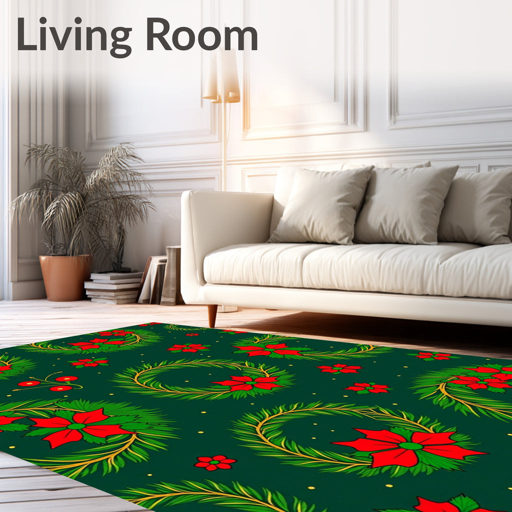 Green Wreaths Red Flowers Gold Accents Rug