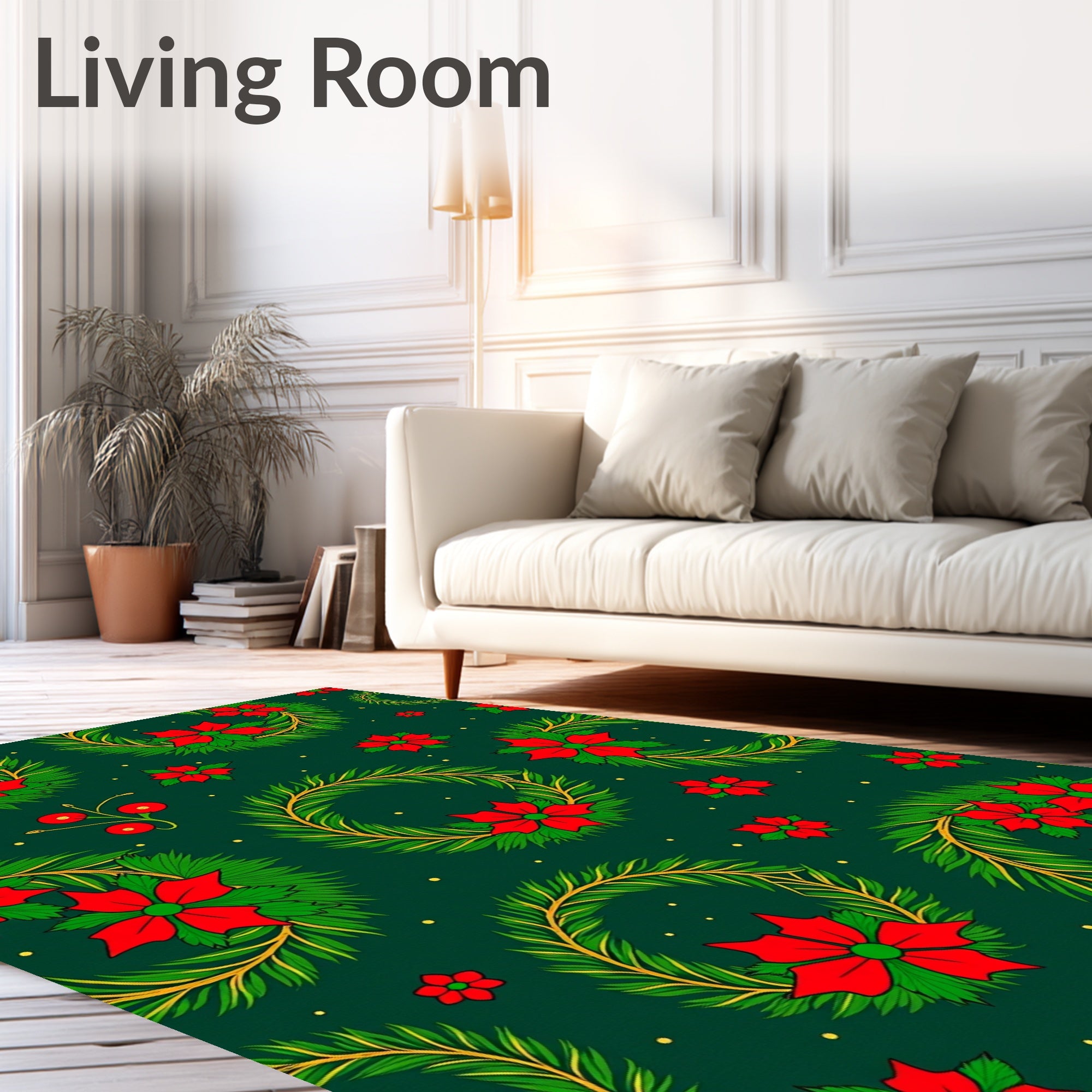 Green Wreaths Red Flowers Gold Accents Rug