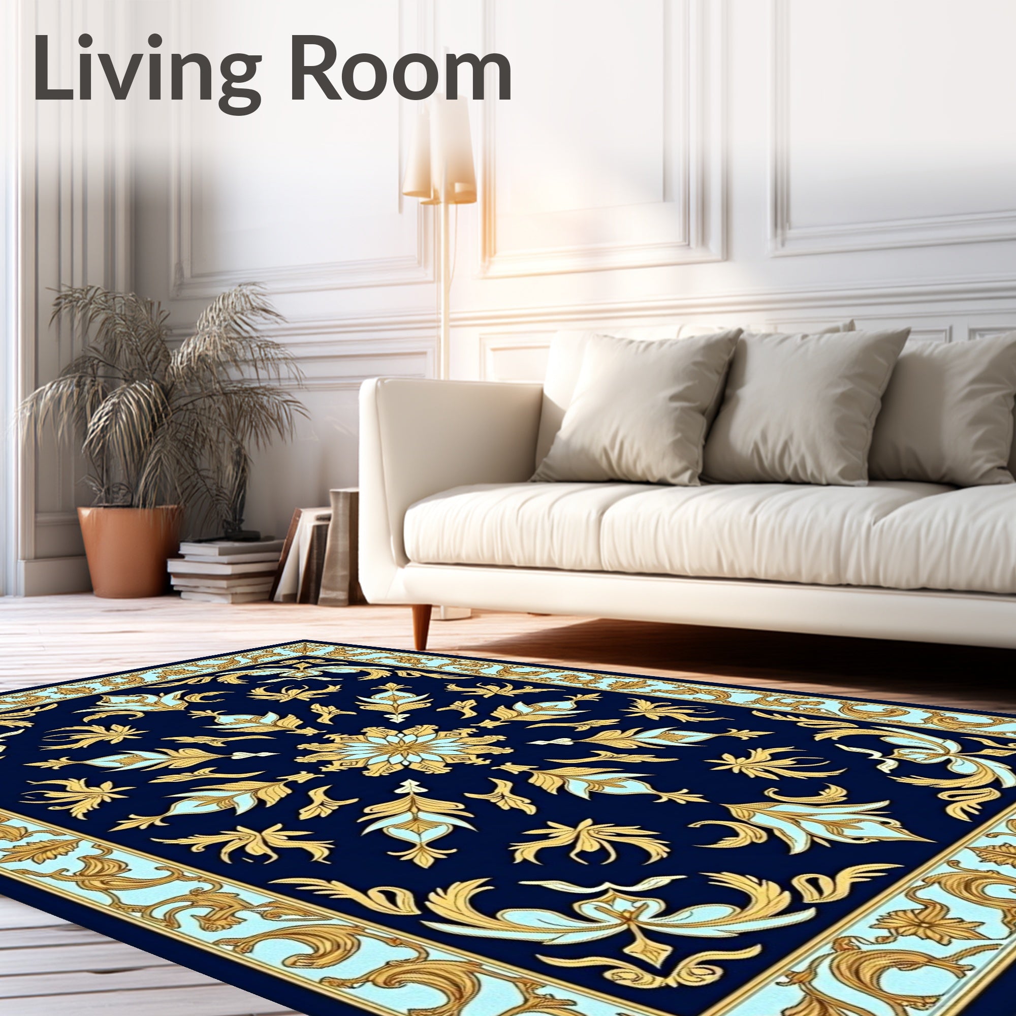 Navy Gold Floral Scroll Border Rug