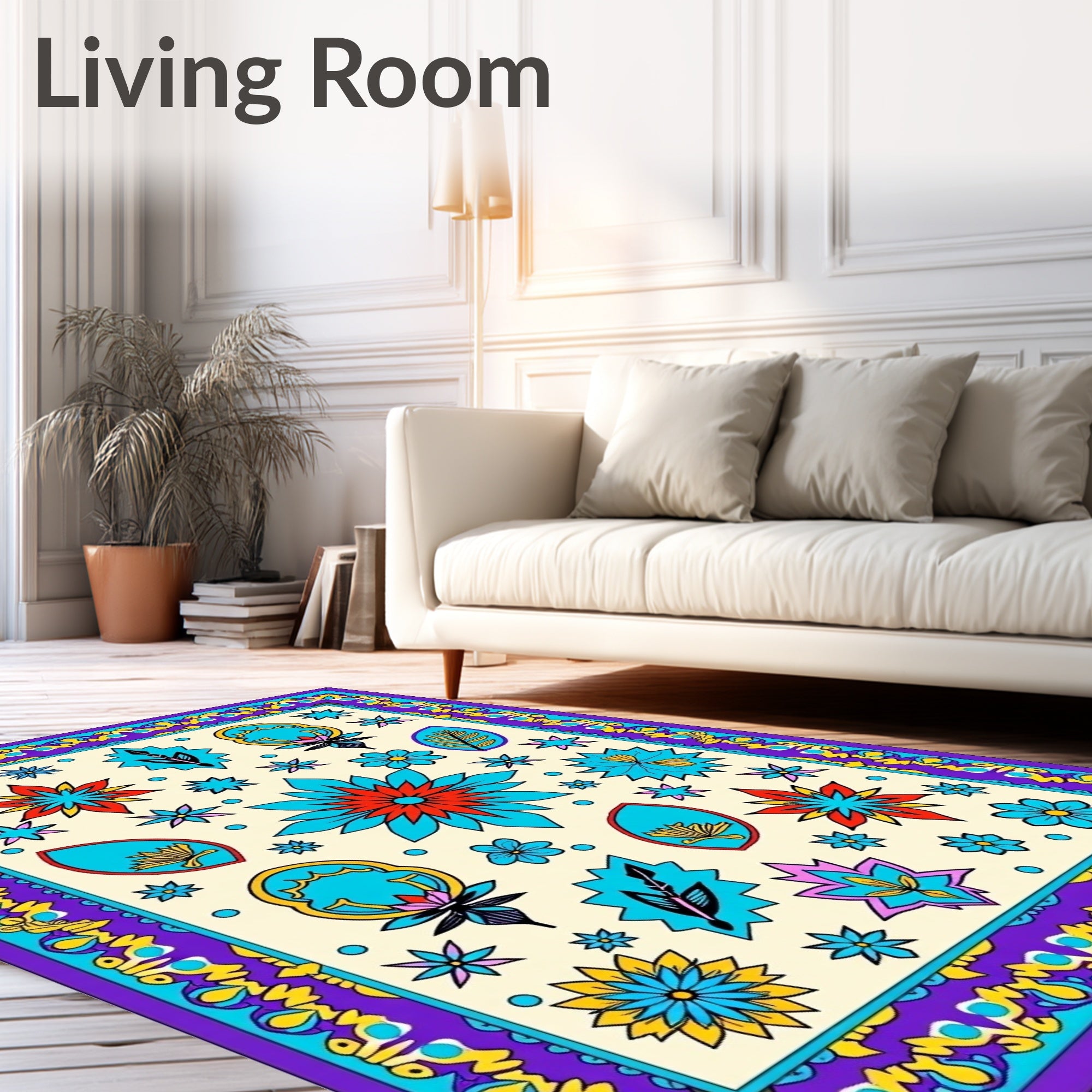 Eclectic Floral Shapes Border Cream Rug