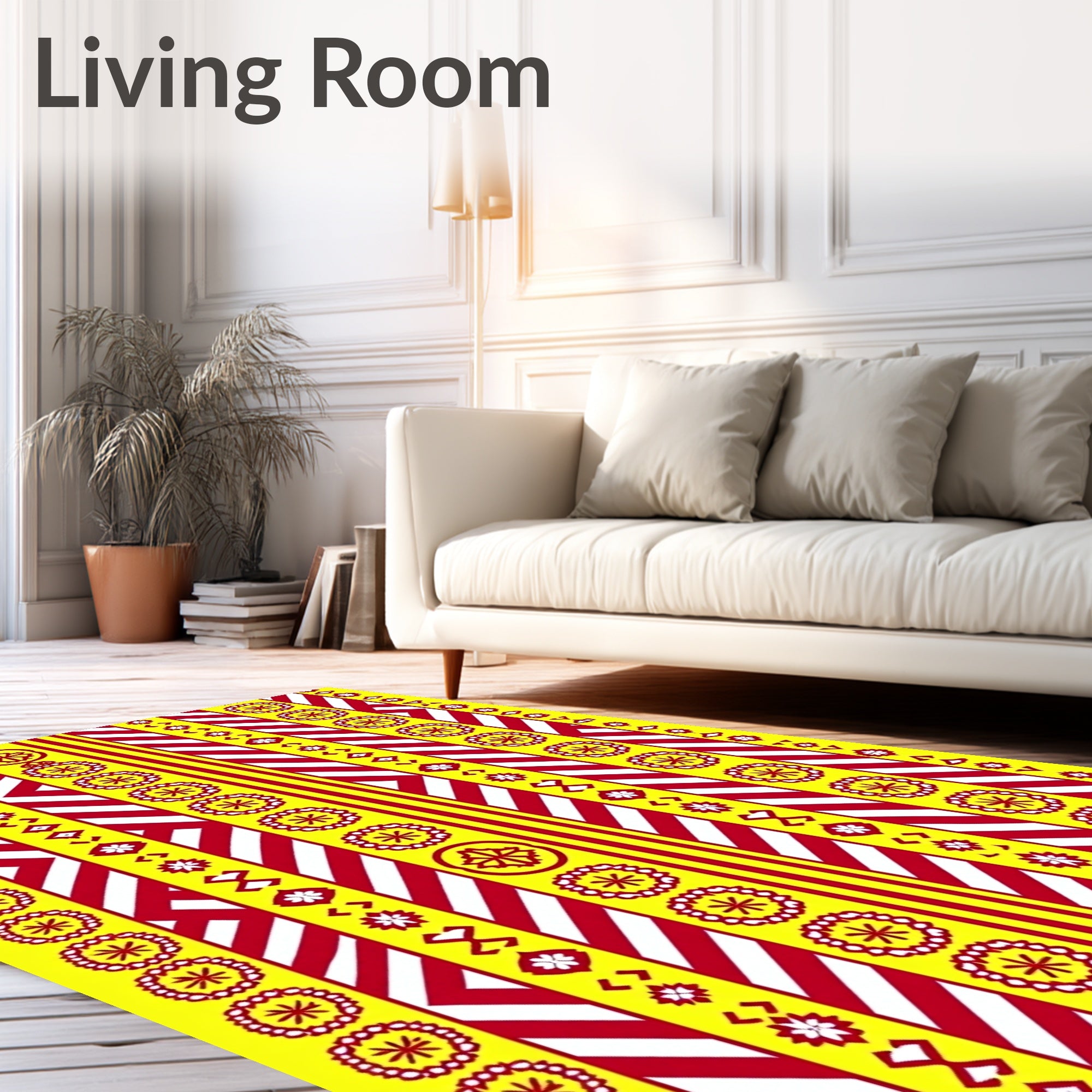 Vibrant Yellow Red Medallion Stripe Rug