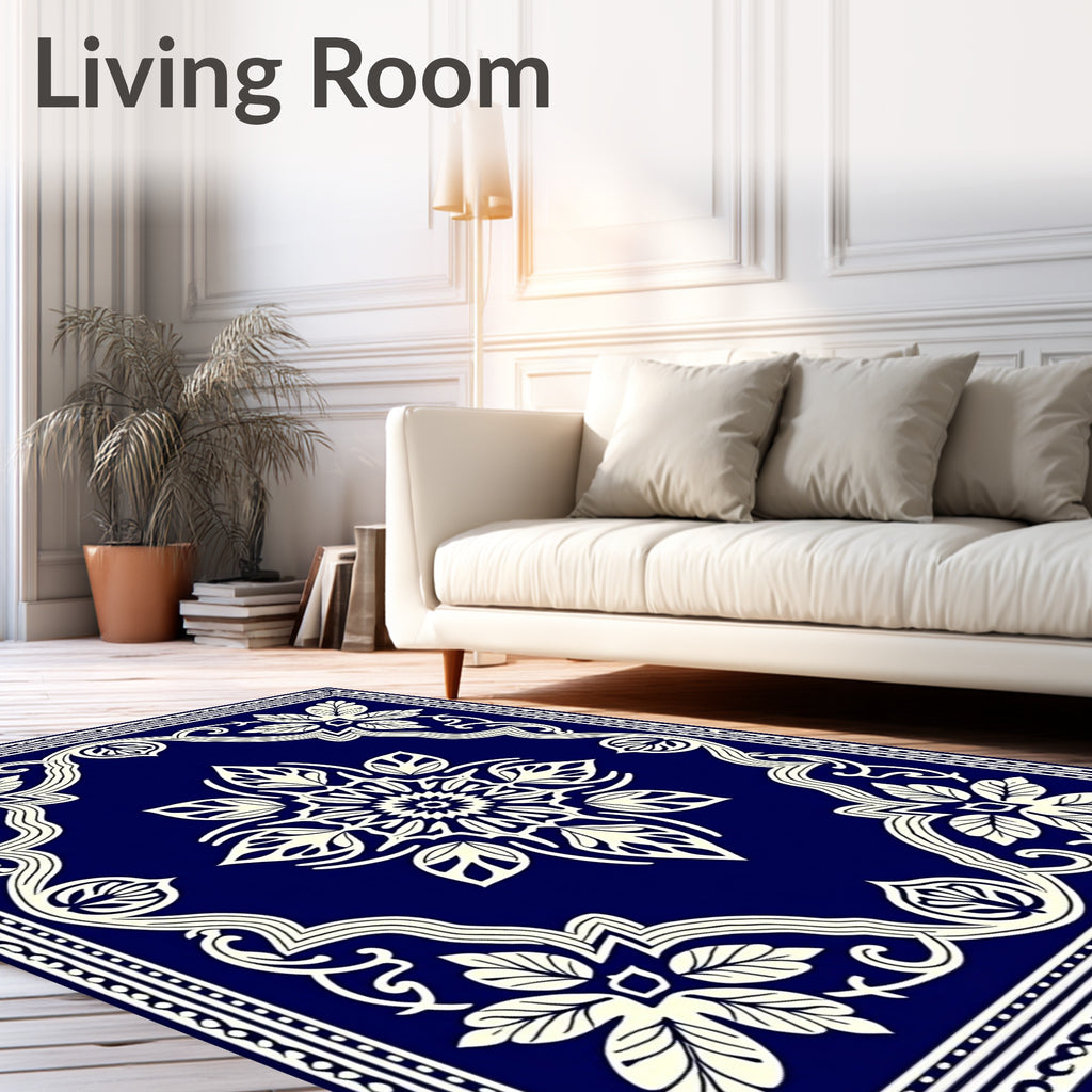 Deep Blue Ivory Floral Medallion Border Rug