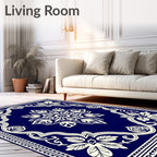 Deep Blue Ivory Floral Medallion Border Rug