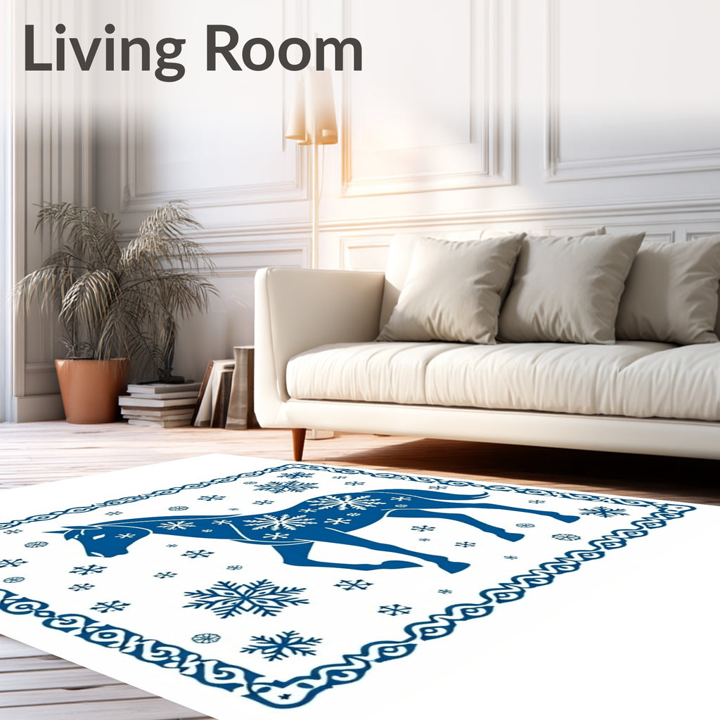 Blue Horse Snowflakes Framed Rug