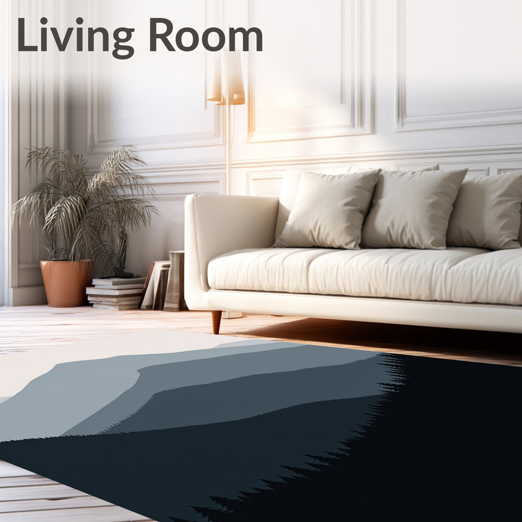 Misty Blue Mountain Forest Landscape Rug
