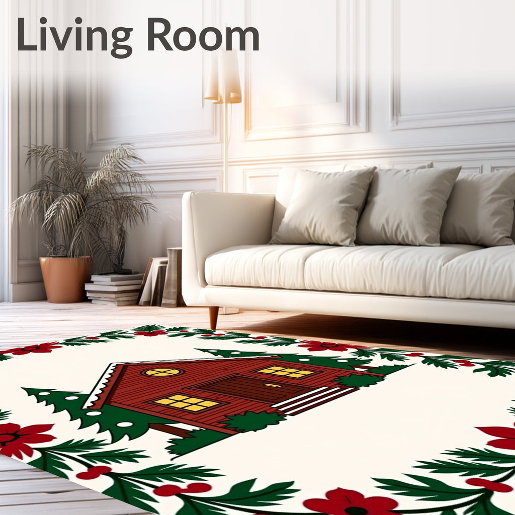 Cozy Red Cabin Christmas Border Rug