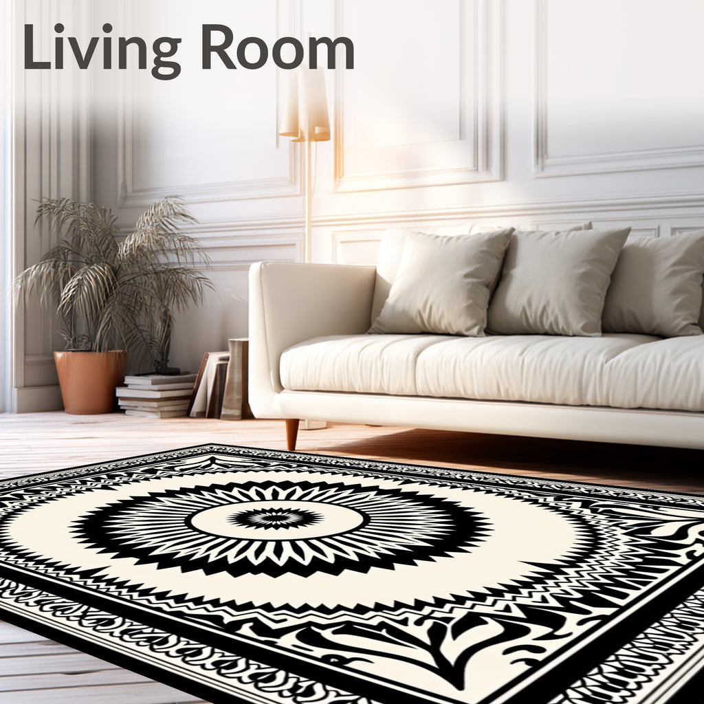 Bold Black Sunburst Mandala Rug