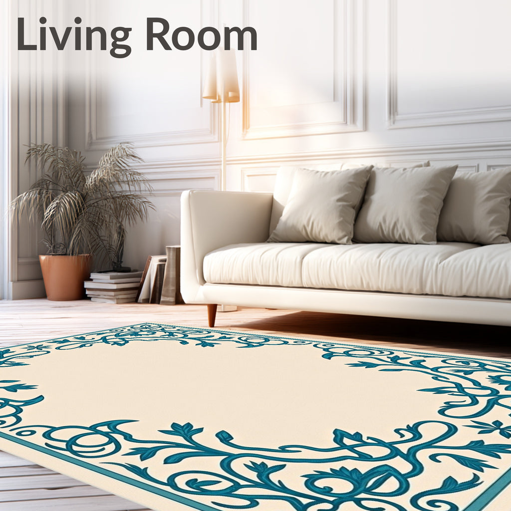 Teal Floral Scroll Border Rug