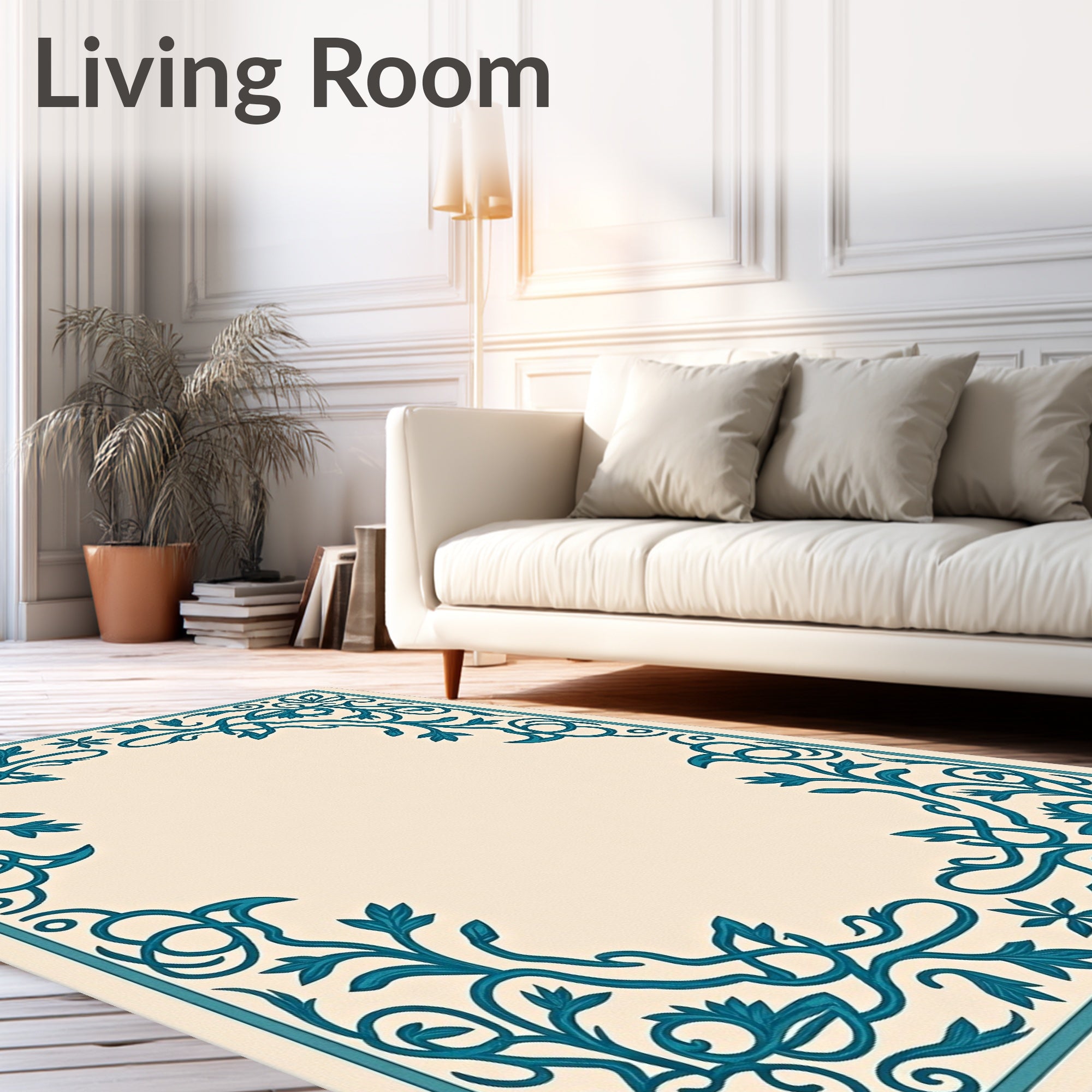 Teal Floral Scroll Border Rug