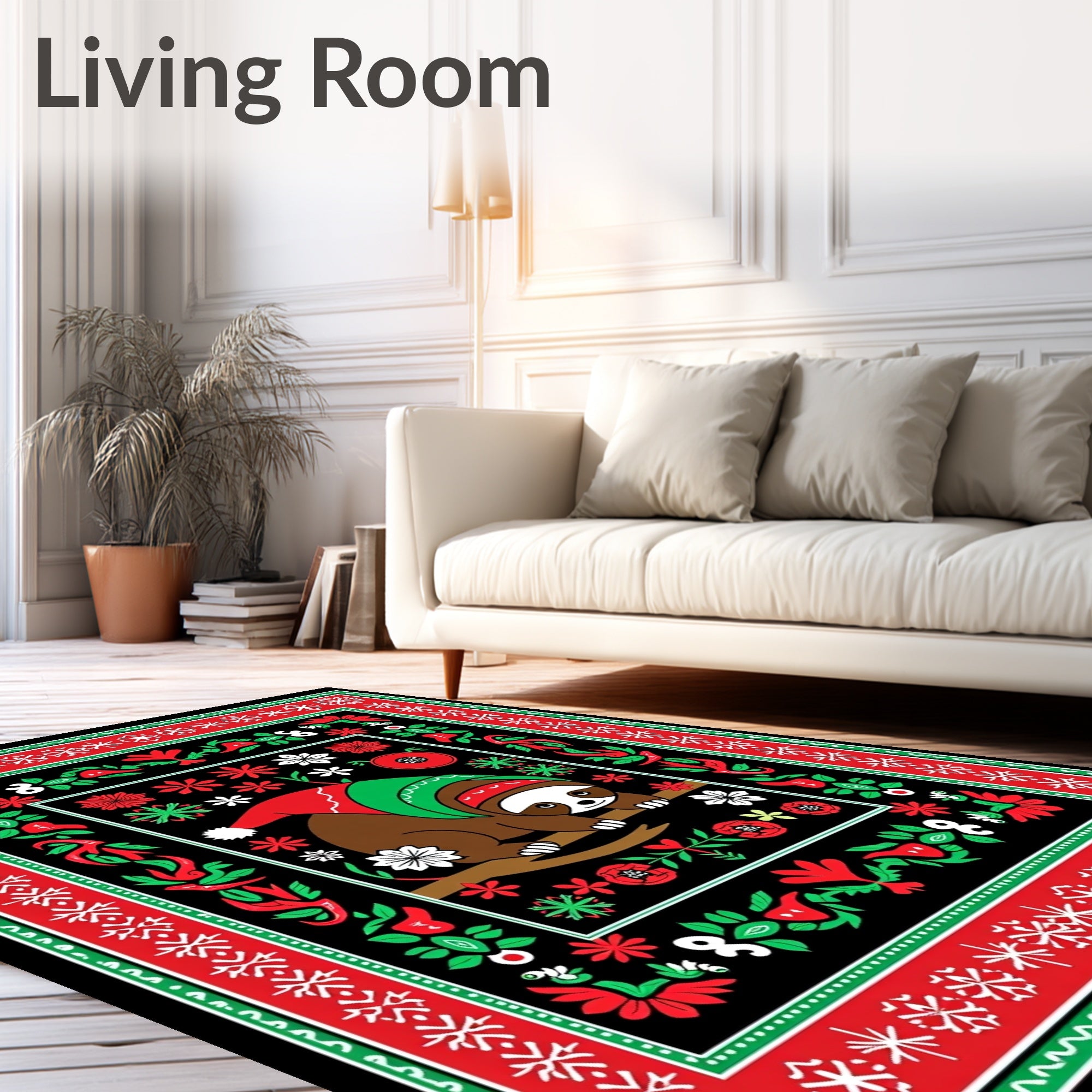 Festive Sloth Christmas Folk Art Rug
