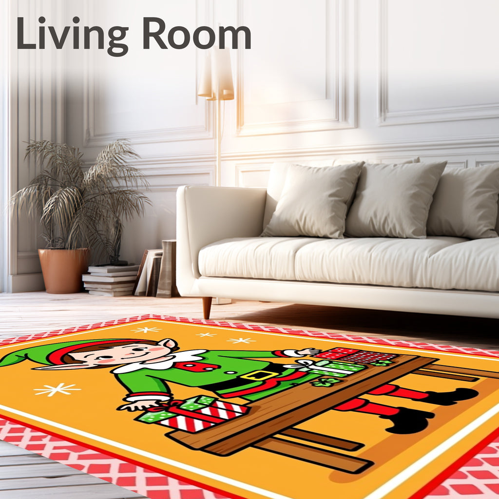 Whimsical Elf Present Wrapping Christmas Rug
